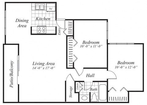Floor plan for 2 beds, 1 bath, 972 sqft